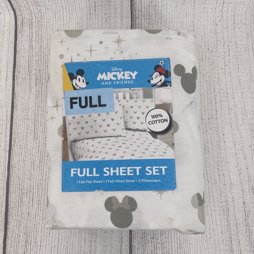 Mickey Minnie Mouse Sheet Set FULL White Gray Silhouette 100% Cotton Disney